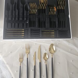 Coffret de couverts dorés manches nacrés effet opale noire (36 pièces - 6 personnes)